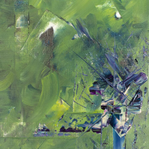 abstract painting with green brushstrokes and geometric shapes, intersected by sharp blue, purple, and white lines and textures, creating a dynamic, layered composition.
