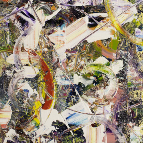 abstract painting with dynamic, swirling strokes of white, yellow, green, and red over a textured background. layers of paint create a chaotic yet vibrant composition, with visible brush lines and overlapping colors.