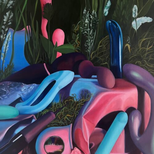 a vibrant painting depicts various vibrantly colored sex toys arranged among green plants and foliage, with contrasting hues of blue, pink, and purple, creating an abstract, surreal garden scene.