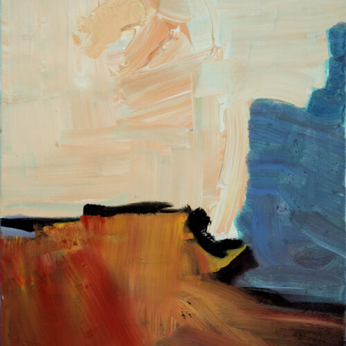 abstract painting featuring a large blue shape on the right, broad beige brushstrokes above, and reddish brown and black shapes at the bottom, creating a dynamic contrast of color and texture.
