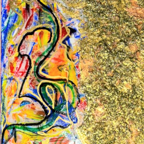 abstract painting with bright, swirling colors on the left, featuring yellow, red, blue, and green shapes. the right half is textured with a rough, gold surface, contrasting with the smooth, colorful side.