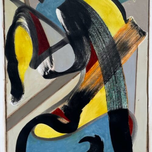 abstract painting with bold black, yellow, blue, and brown sweeping brushstrokes intersecting and overlapping on a neutral background, creating dynamic movement and a sense of layered depth.