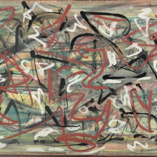 abstract painting with energetic, overlapping black, white, and red brushstrokes on a muted, multicolored background; lines swirl and intersect chaotically, creating a sense of movement and intensity.