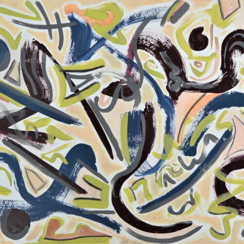 abstract painting with bold, sweeping brushstrokes in dark blue, black, and olive green, interspersed with accents of yellow and beige. the composition features various curved and angular shapes layered over a pale background.