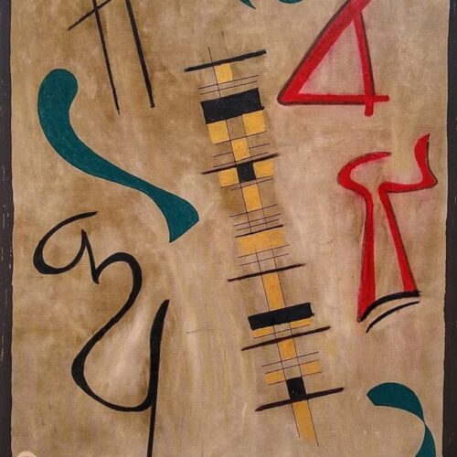 abstract painting with black, teal, and red lines and shapes on a brown background; includes geometric patterns, curved and straight lines, and two red circles near the bottom left.
