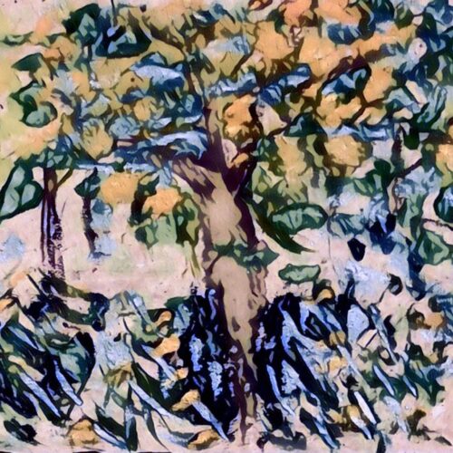 a colorful, abstract painting of a tree with green and yellow foliage, a brown trunk, and dark blue shapes at the base, suggesting leaves or shadows. the background is light, giving the artwork a lively, textured feel.