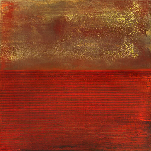 abstract painting with a horizontal composition; the top half features textured golden and brown tones, while the bottom half displays deep red and orange hues with horizontal lines, evoking a sense of landscape.