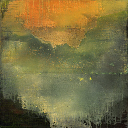 abstract painting with soft, blended hues of green, yellow, and orange. the top has a warm, glowing area, while the bottom features layered, misty tones and faint, vertical drips creating a serene, atmospheric effect.