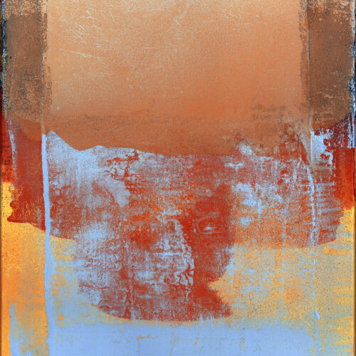 abstract painting with layers of textured colors: a tan area at the top, blending into rusty orange and white, with touches of light blue and yellow at the bottom, creating a weathered, atmospheric effect.