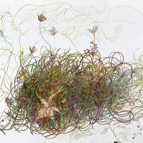 a dense, colorful tangle of threads sits at the center of a pale background, surrounded by faint, delicate plant sketches and small insects, creating a chaotic yet organic composition.