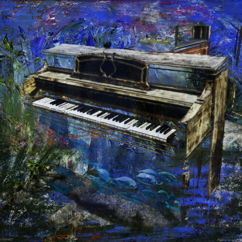 a weathered upright piano floats underwater amid vibrant blue and green colors, with fish swimming below and aquatic plants surrounding it in a surreal, dreamlike scene.