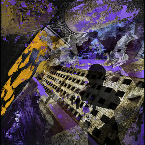abstract artwork featuring a silhouetted figure against a large building, vivid splashes of purple, yellow, black, and blue paint, and textured, chaotic patterns with elements of city architecture and urban life blended together.