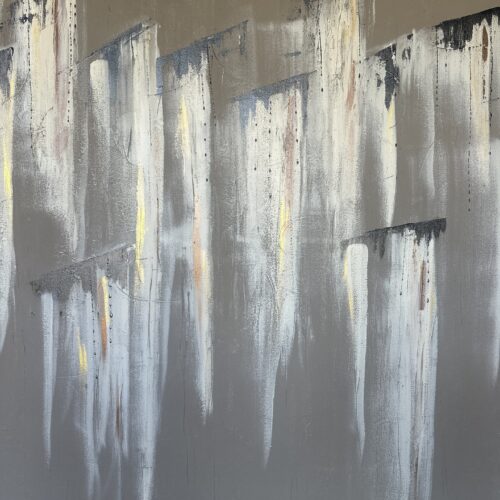 abstract painting featuring vertical, white and gray streaks with hints of yellow and rust on a muted brown and gray background, creating a sense of movement and texture.