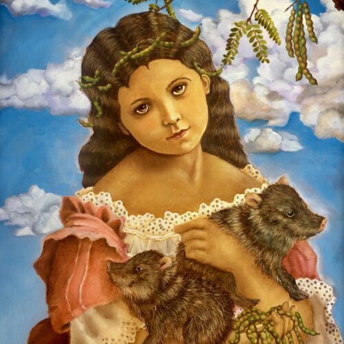 a young girl with wavy dark hair and a leafy crown holds two small, furry animals in her arms. she wears a pink and white dress and stands under a blue, cloud filled sky with hanging green branches.