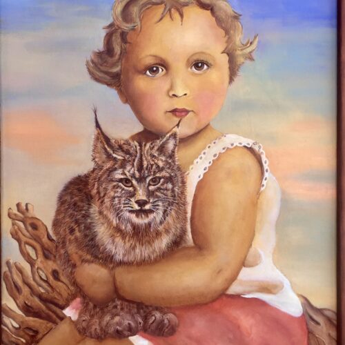 a young child with curly blonde hair and wide eyes, wearing a white sleeveless top and red skirt, sits on a branch while gently holding a lynx cat, against a soft pastel sky background.