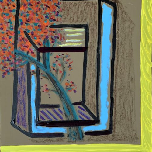 abstract painting featuring a window like structure with blue and black outlines. a tree with red and orange foliage appears both inside and outside the window. the right border is decorated with a wavy yellow pattern.