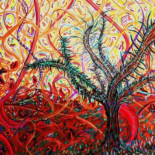 a vividly colored abstract painting of a twisted tree with spiky branches set against a swirling, fiery red and yellow background, giving a sense of movement and intense energy throughout the scene.