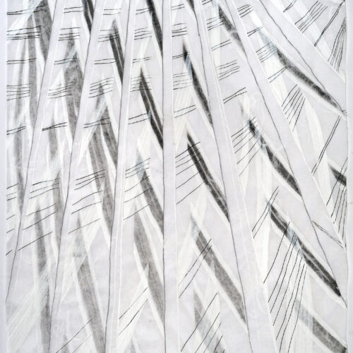 abstract black and white drawing featuring repeating, diagonal and vertical lines and shaded areas, creating a sense of depth and geometric pattern across the entire surface.