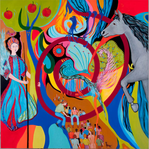 a vibrant, colorful mural depicts a maasai person with a leopard, a woman in a dress, a horse with a peacock tail, flowing water, animals, trees, and crowds of people amid swirling abstract shapes.