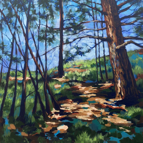 a sunlit forest scene with tall, slender trees casting dappled shadows on a grassy path, painted in vibrant greens, blues, and browns under a bright blue sky.