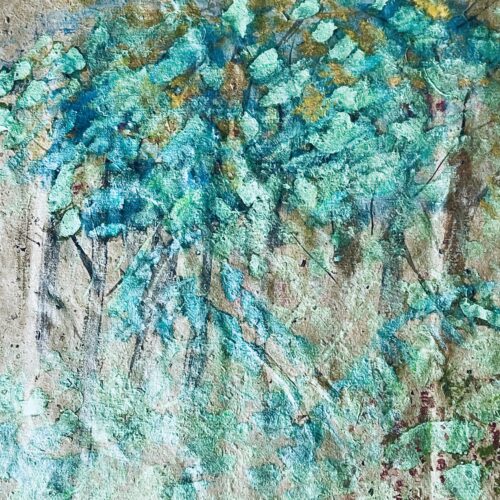 textured painting of a group of trees with green and yellow leaves, blue highlights, and visible textured brushstrokes on a rough, beige surface, conveying an impressionistic nature scene.