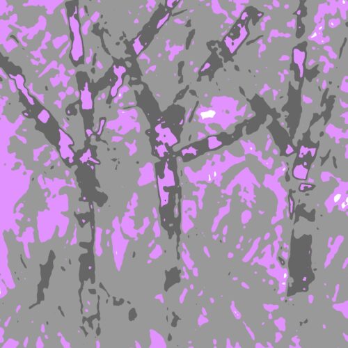 abstract image of three tree trunks with branches, depicted in shades of gray and purple, creating a stylized, painterly effect. the background and trees blend together with bold, irregular shapes and colors.
