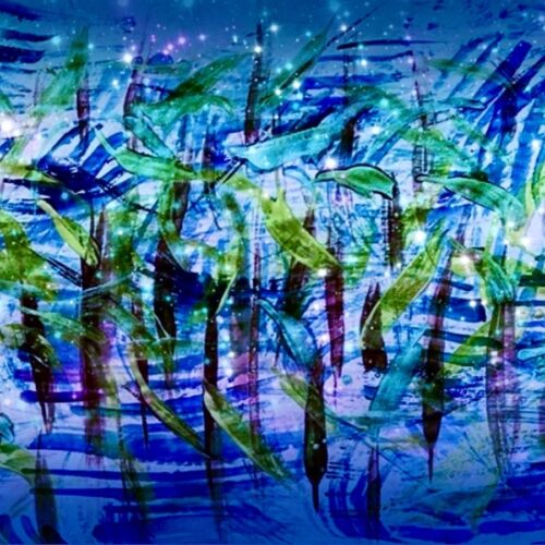 abstract painting with blue and purple brushstrokes, green vertical lines resembling tall grass or reeds, and white sparkles scattered across the scene, creating a magical, watery effect.