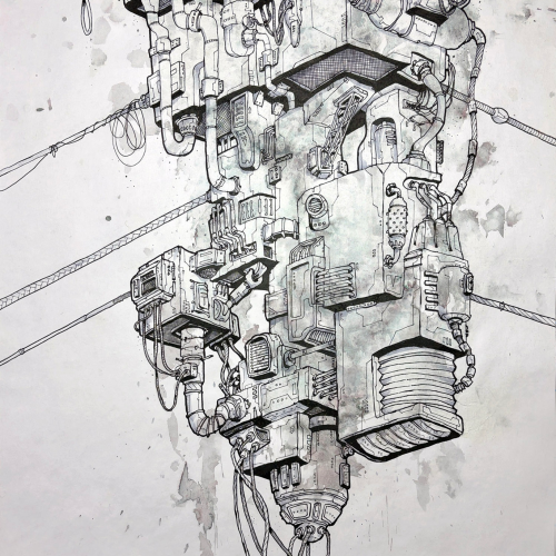 A complex, industrial machinery structure suspended by cables, depicted in a detailed black-and-white ink drawing with watercolor accents.