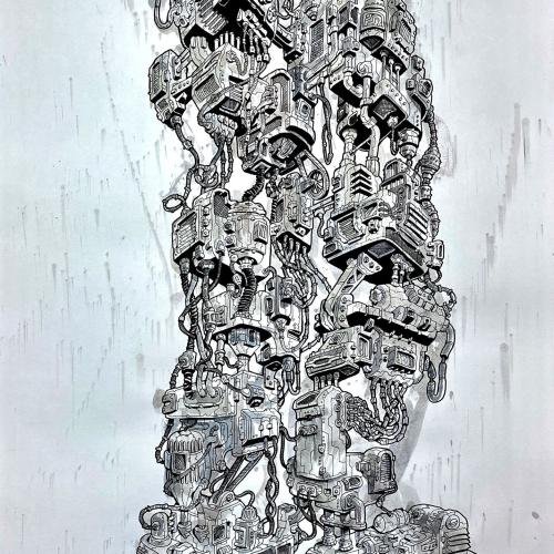 A tall, complex structure composed of stacked, interconnected mechanical components and machinery, drawn in a detailed ink illustration style.