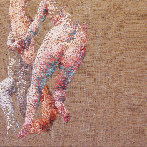 Two figures made of scattered puzzle pieces overlap against a brown burlap background.