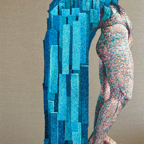 A textured sculpture showing a human figure, rendered in small colorful marks, leaning against a large blue pillar composed of geometric blocks.
