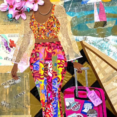 A collage of a stylish woman with a large pink floral afro, wearing a sequined top and patterned pants, pulling a pink rolling suitcase covered in travel stickers.