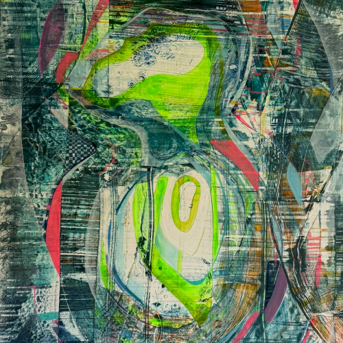 Abstract painting featuring layered dark teal and green geometric shapes, fine grid lines, and bright neon green circular forms.