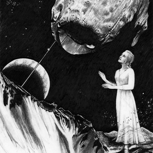 A woman in a long white dress stands on a cratered surface, looking up at a massive, shadowed moon-like object hovering in space above a distant planet.