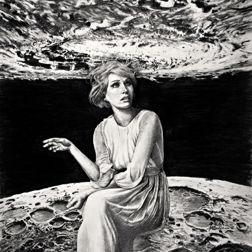 A charcoal drawing of a woman in a long dress sitting on the cratered surface of the moon, looking up at a swirling, stormy sky.