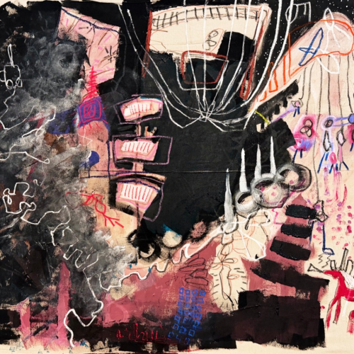 Abstract mixed-media painting with layered black shapes, white line drawings, and red accents on a cream background.
