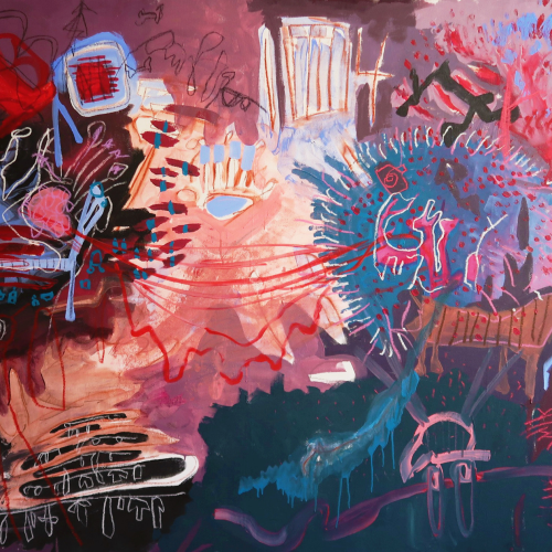 Abstract expressionist painting featuring chaotic layers of dark red, pink, and blue paint, accented with white line drawings of chairs, numbers, and expressive marks.