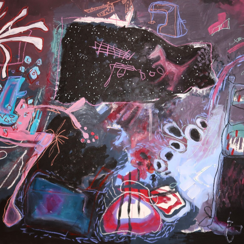 Abstract expressionist painting featuring gestural brushstrokes, layered neon blue and pink shapes, a central black field with white specks, and a suggestion of a keyboard on the right side.
