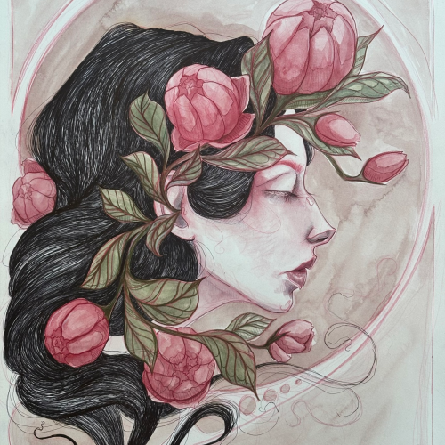 A profile illustration of a woman with long black hair adorned with pink flowers and green leaves.