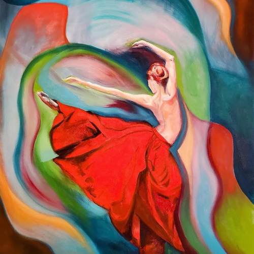 An oil painting of a dancer in a flowing red dress moving against a background of swirling, abstract colors.