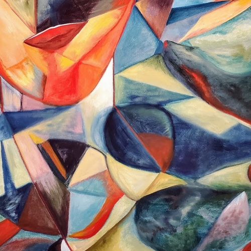 Abstract oil painting featuring geometric shapes and overlapping planes in shades of blue, orange, red, and yellow.
