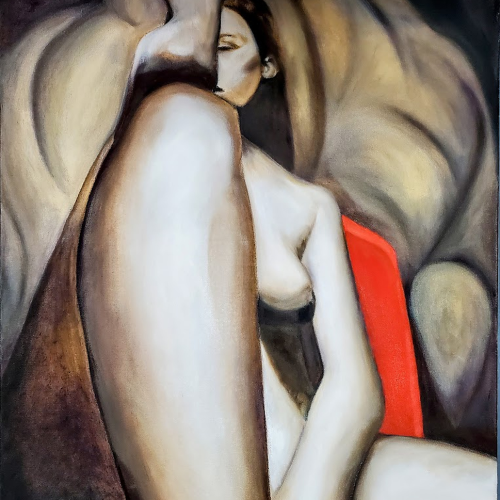 An oil painting of a woman with her head tilted, sitting before a large, abstract form and a bright red rectangular element.