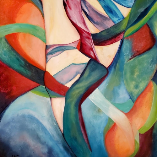 Abstract oil painting showing a dancer’s leg and foot tied with colorful, swirling ribbons in shades of red, blue, and green.