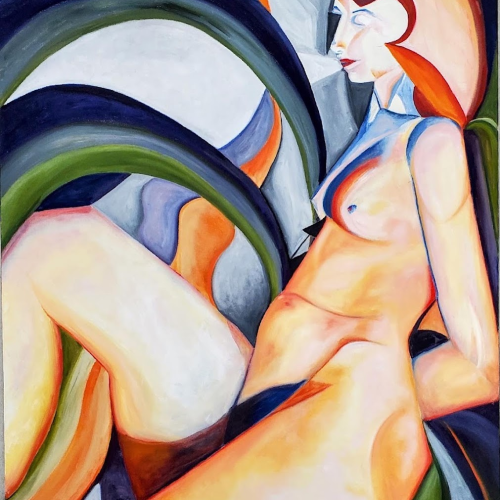 An expressionist oil painting of a reclining nude woman with stylized, curved shapes in the background.