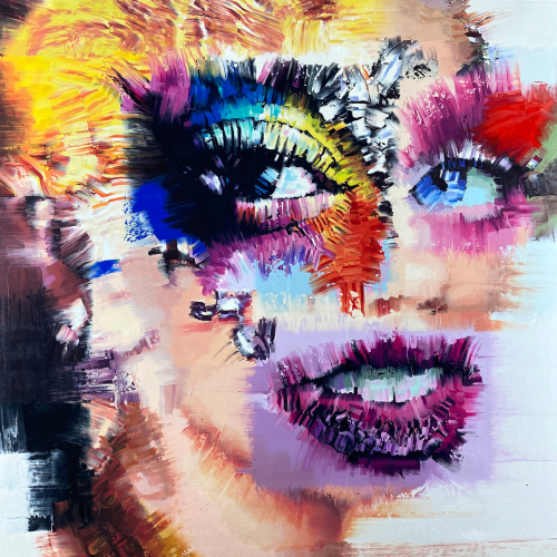 Abstract oil painting of a woman’s face rendered in bold, textured, and vibrant multi-colored brushstrokes.