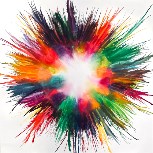 A circular, multi-colored explosion of watercolor paint radiating outward from a white center on a white background.