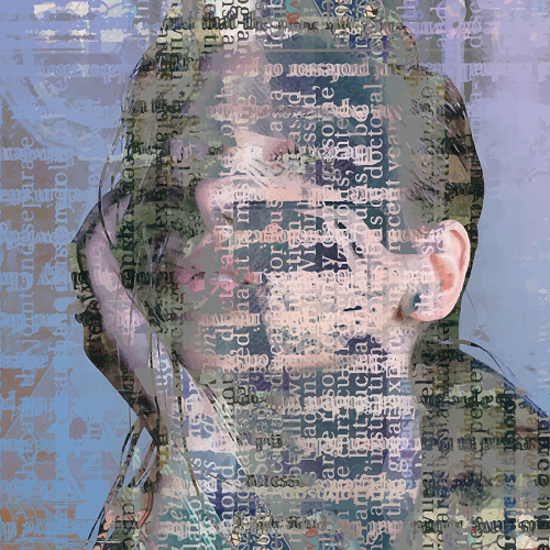 Double-exposure portrait of a person’s face overlaid with translucent layers of printed text.