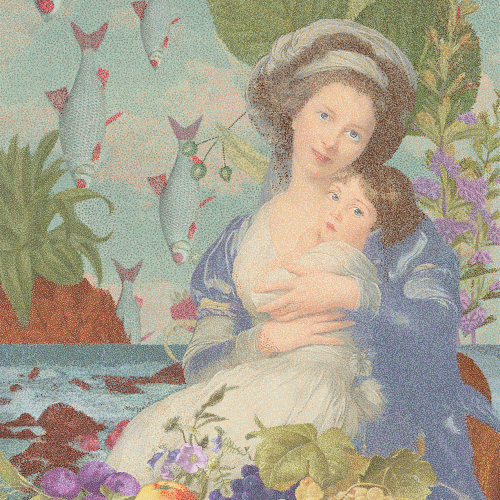 A stippled illustration of a woman in a blue shawl holding a child, surrounded by floating fish, large leaves, and a basket of grapes and an apple in the foreground.