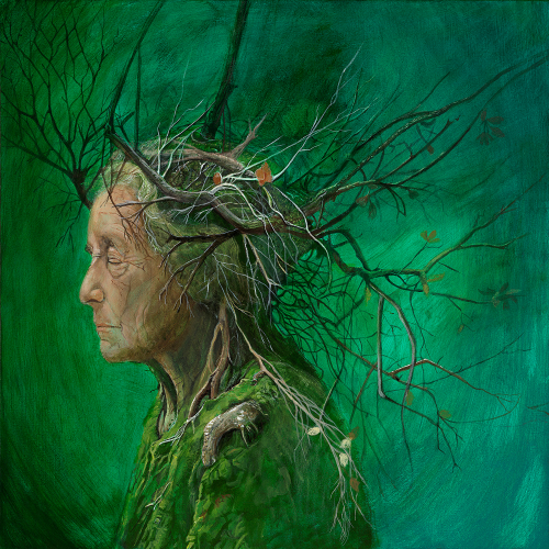 Painting of an elderly woman in profile with bare tree branches growing from her head against a dark green background.