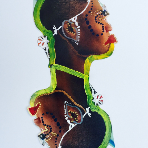 A collage portrait showing the profile of a person with dark skin, decorated with white and gold dots and lines, framed by bright green paint strokes.